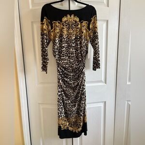 Women's 8 Elegant Black and Gold Leopard Print Midi, 3/4 sleeve.